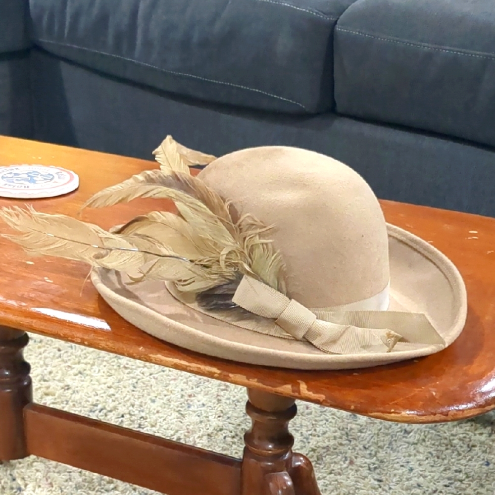 Elegant Tan Feathered Doeskin Women's Hat